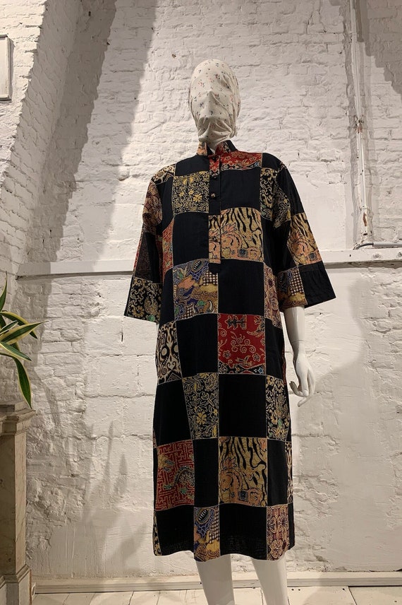 Rare Vintage 1980s Catherine Ogust Penthouse Gallery Patchwork Kimono  Sleeve Hippie Boho Dress