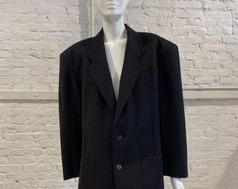 Vintage 80s Rena Lange Black Wool Gabardine Double Breasted Gold