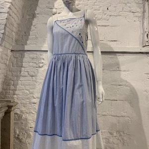Vintage 1970s Folk René Derhy Paris Striped Woven Floral Embroidered Cotton Summer Embroidery Anglaise Dress Smock Romantic Dress