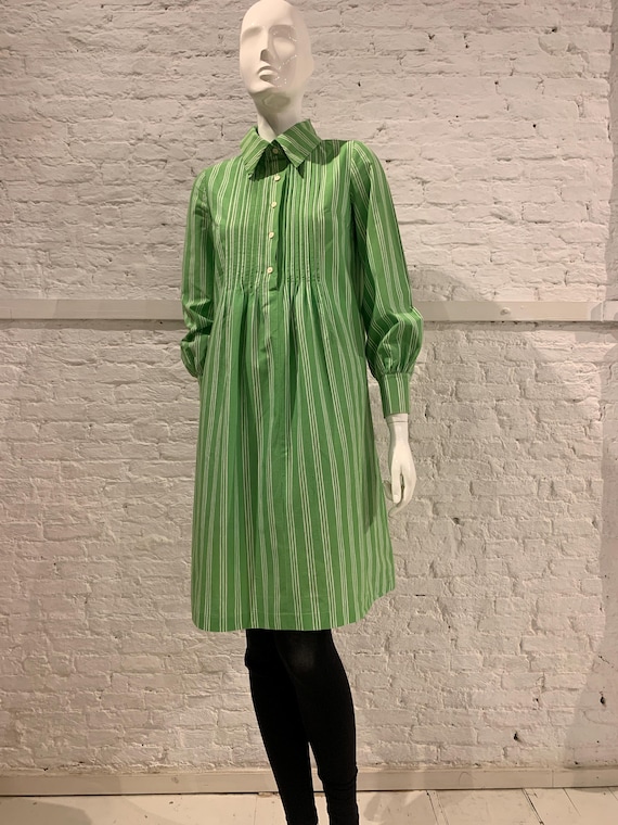 marimekko green dress Rare Vintage 1970s Marimekko Viiru Finland Striped Cotton Green Shirtdress  Smock Dress