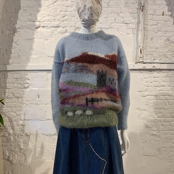 Vintage 1980s Folk Susie Lee Hand Knitted Wool Mohair Pastoral Scenic Pastel Jumper Rare