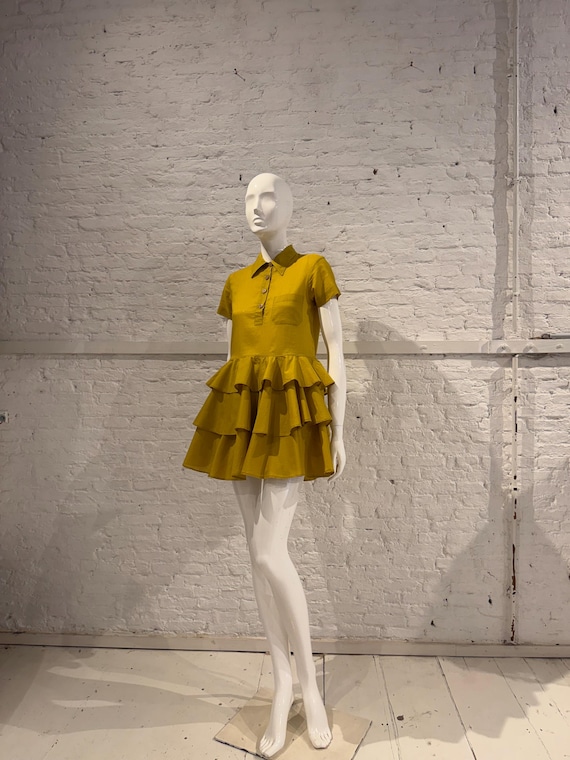 Romeo Gigli, Vintage G Gigli Romeo Gigli Tiered Ruffle Dress 90s Mustard Yellow