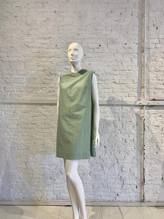Rare Vintage 1960s Marimekko Suomi Abstract Print Sage Green Shift A-line Smock Dress Folklore