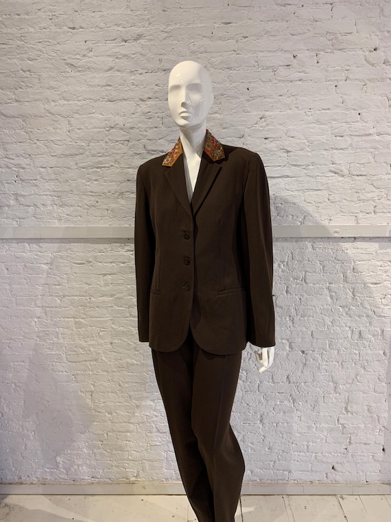 Romeo Gigli, Rare Vintage 1980s/90s Romeo Gigli for Callaghan Brown Wool Jacket, Silk Embroidered collar