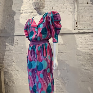 Rare Vintage 1980s Jeanne Marc Cotton Abstract Brush Stroke Print Patchwork Puffed Sleeve Dress