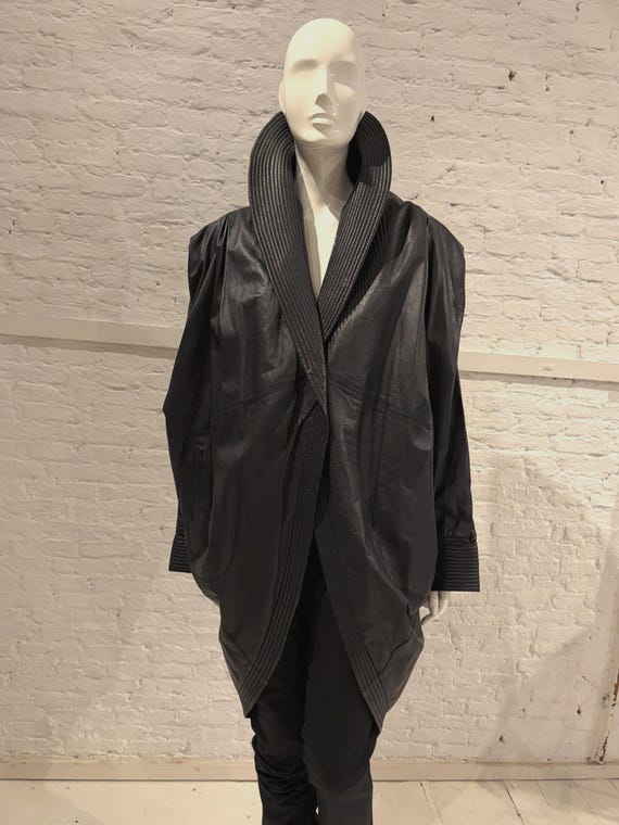 1980s Slouchy Black Leather Cocoon Coat | Vintage Dolman Sleeve Avant Garde Jacket | Oversized Shawl Collar Minimalist Streetwear Outerwear