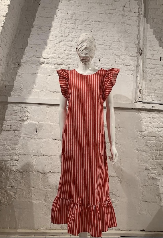 Vintage 60s/70s Marimekko Cotton Maxi Dress: Red/pink Striped Folk