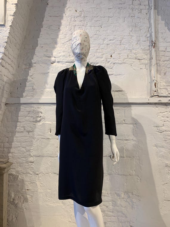 Vintage Dries Van Noten Antwerp 6 Black Silk Hand Beaded Smocked Dress