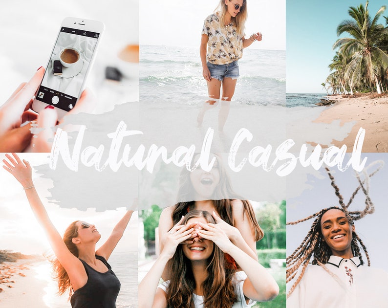 K&ouml;nnte beinhalten: Eine Collage aus Bildern, die Menschen zeigen, die einen l&auml;ssigen, nat&uuml;rlichen Lebensstil genie&szlig;en. Die Bilder zeigen eine Frau, die ein Foto von einer Tasse Kaffee macht, eine Frau, die im Meer steht, eine Frau mit erhobenen Armen, eine Frau, deren Augen von einer anderen Frau bedeckt sind, und eine Frau mit langen Z&ouml;pfen, die in die Kamera l&auml;chelt.