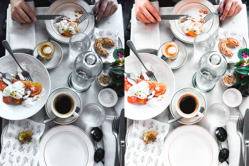 K&ouml;nnte beinhalten: Ein Tischgedeck mit zwei Tellern mit Essen, zwei Tassen Kaffee, zwei Gl&auml;sern Wasser und zwei Geb&auml;ckst&uuml;cken. Das Essen auf den Tellern ist ein pochiertes Ei mit Tomaten und einer wei&szlig;en Sauce. Die Geb&auml;ckst&uuml;cke sind eine Art Brot mit s&uuml;&szlig;em Guss. Der Tisch ist mit einer wei&szlig;en Tischdecke bedeckt.