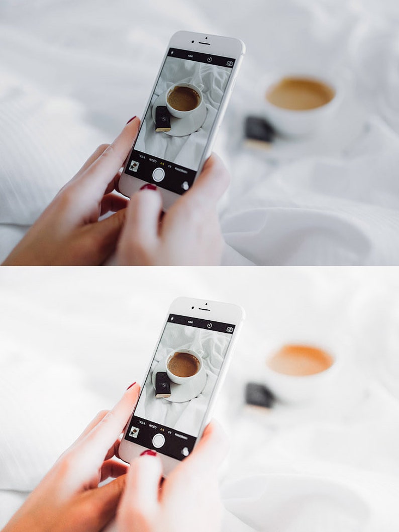 K&ouml;nnte beinhalten: Ein wei&szlig;es Smartphone mit einem schwarzen Bildschirm, auf dem ein Foto von einer Tasse Kaffee und einer kleinen Schokoladentafel auf einer wei&szlig;en Oberfl&auml;che zu sehen ist. Das Telefon wird von den H&auml;nden einer Person gehalten.