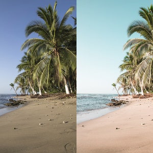 K&ouml;nnte beinhalten: Eine tropische Strandlandschaft mit Palmen am Ufer. Der Sand ist wei&szlig; und das Wasser ist hellblau. Der Himmel ist strahlend blau.