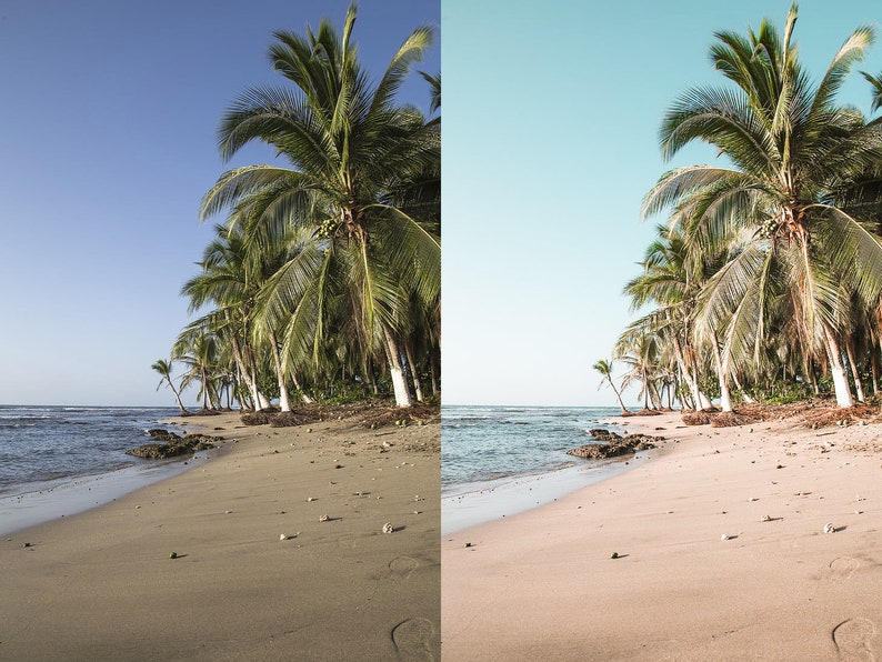 K&ouml;nnte beinhalten: Eine tropische Strandlandschaft mit Palmen am Ufer. Der Sand ist wei&szlig; und das Wasser ist hellblau. Der Himmel ist strahlend blau.