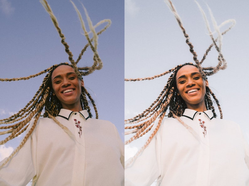 K&ouml;nnte beinhalten: Eine Frau mit langen blonden Z&ouml;pfen l&auml;chelt in die Kamera, w&auml;hrend sie ein wei&szlig;es Hemd mit Kn&ouml;pfen und einem floralen Stickmuster tr&auml;gt.