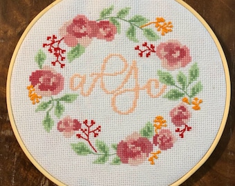 Custom monogram cross stitch wreath