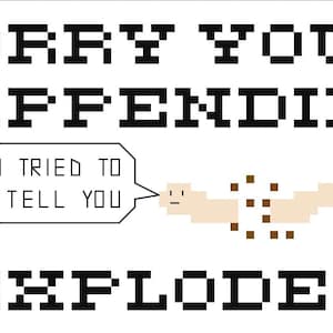 Könnte beinhalten: Ein Pixelbild mit dem Text "SORRY YOUR APPENDIX EXPLODED" in Schwarz. Eine Sprechblase mit dem Text "I TRIED TO TELL YOU" in Schwarz befindet sich neben einem Pixelbild einer Person mit einem braunen Appendix, der explodiert.