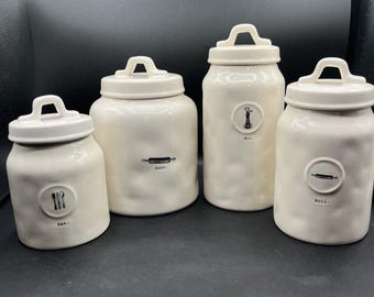 Set of 4 RAE DUNN Icon Canisters Mix Roll Eat Artisan Collection Magenta Dimple