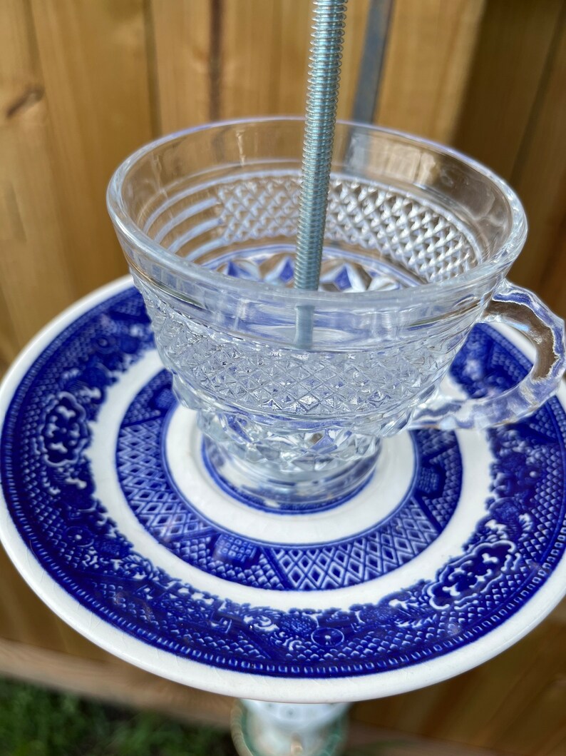 Vintage Repurposed Crystal Cut Punch Cup and Blue/white Saucer Outdoor
