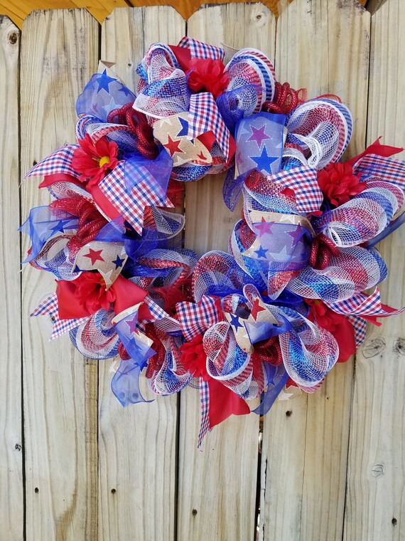 Patriotic 4th Of July Deco Mesh Wreath Labor Day Memorial Day Etsy