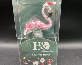 Christmas Pink Flamingo Glass Wine Bottle Stopper Murano Style Art Glass