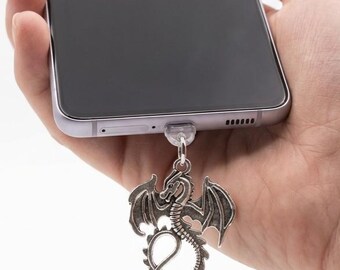 Phone Charm Plug Dust Protector Charging Port Metal Accessory Dragon Design Dangle Smartphone Gift Stocking Stuffer Idea Birthday Present