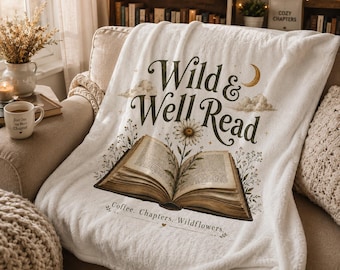 Velveteen Throw Blanket Plush Soft Cozy Reading Book Lover Gift Men Bibliophile Present Literary Fan Wildflower Moon Design Textile Warm