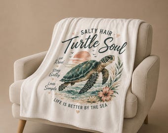 Sea Turtle Blanket Plush Velveteen Cozy Throw Beach House Coastal Quote Ocean Decor Nautical Soft Fleece Gift Marine Life Bedding Sunset