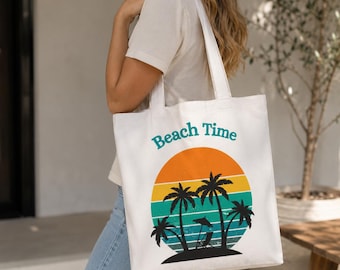 Strandväska, sommarbärväska, tropisk väska, palmträd, solnedgångsillustration, retrodesign, semestertillbehör, reseaccessoar, shoppare i canvas