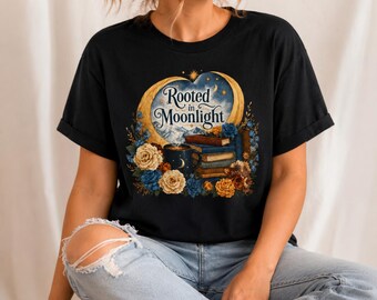 Månskenströja med rotad design bokälskare kvinnor läser grafisk litterär mysig topp bomull bokmal gåva bibliotekarie kläder nyckfull måne