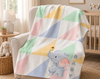Elefantfilt för småbarn, babyshowerpresent, barnrum, pastell, geometrisk, akvarell, fleece, pläd, barnvagnsöverdrag, spädbarnsfilt, mjuk, barn