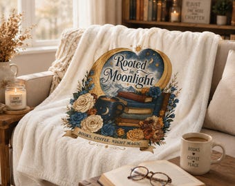 Rooted in Moonlight Velveteen Plush Blanket | Books Coffee Night Magic, Moon & Flowers