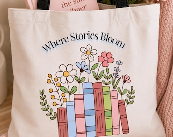 Bokväska Bibliotek Canvas Shoppingälskare Presentidé Läsa Böcker Blommor Blommig Bokhylla Illustration Design Litterär Fan Lärare