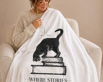 Black Cat Blanket Cozy Throw Reading Nook Plush Blanket Book Lover Gift Men Bookish Velvet Literary Themed Gift Bookworm Comfort Textile