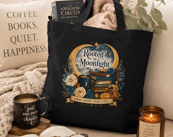 Cotton Canvas Tote Bag Book Lover Gift Literary Enthusiast Bookish Reader Moonlight Vibe Botanical Floral Rose Illustration Bookstore Bag