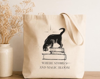 Black Cat Tote Canvas Bag Book Lover Literary Gift Library Cotton Bookish Reader Shopping Carryall Student Teacher Present Bookworm Quote