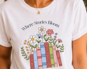 Där berättelser blommar blommig bok-T-shirt mjuk bomullsläsningskjorta boklig grafisk illustration design bibliofil mode bibliotekarie casual