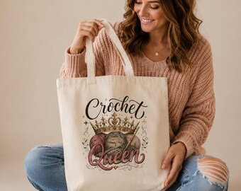 Crochet Tote Bag Canvas Craft Yarn Queen Themed Gift Knitting Storage Organizer Shoulder Carryall Cotton Market Sack Maker Enthusiast