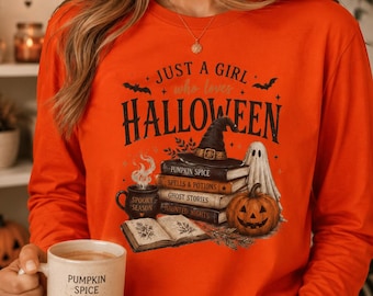 Halloween Shirt Women Long Sleeve Tee Spooky Pumpkin Design Witchy Clothing Autumn Cozy Apparel Book Reader Ghost Graphic October Wear