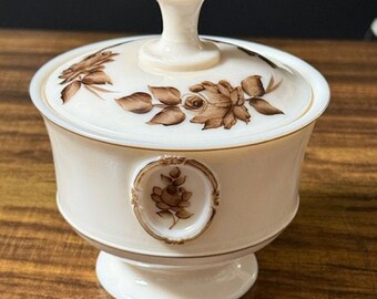 Vintage Westmoreland Almond Glass hand Painted Covered Candy Dish 5.5"