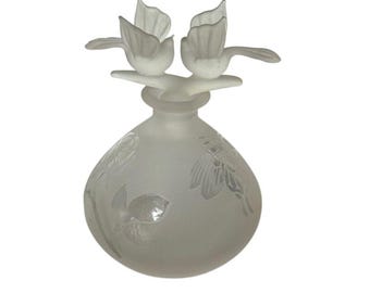 Vintage Frosted Glass Perfume Bottle w/ Dual Bird Sculpture Stopper 4.75"