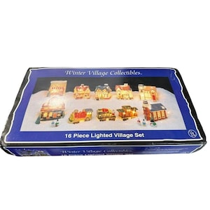 16 Pc Winter Village Collectibles Lighted Houses w/ Box and Train
