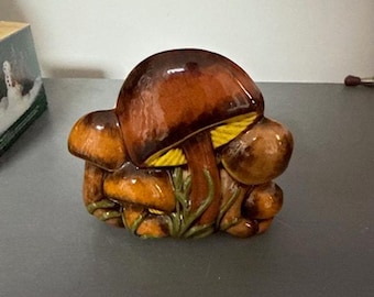 Vintage Ceramic Mushroom Napkin Holder, Signed Pam 1973