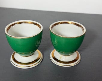 2 Coquetiers Winterling Bavaria Allemagne Porcelaine Verte Et Or Blanc Ornement Vintage