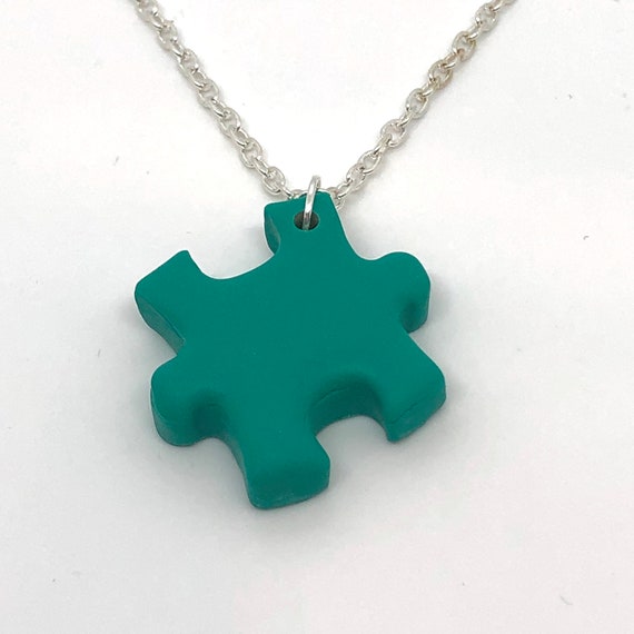 Ocean Green Jigsaw Puzzle Necklace Polymer Clay on a Silver
