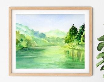Mountain River Watercolor Painting: Teal Forest Landscape Art Print