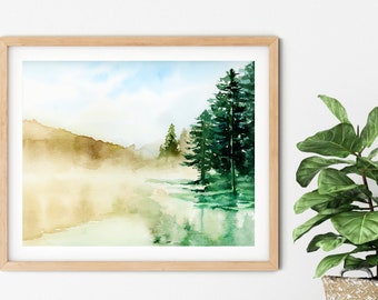 Misty Mountain Forest, Watercolor Landscape Painting
