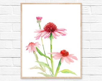 Watercolor flowers print, printable Cone flowers, Echinacea watercolor painting, Floral Painting Wall Decor