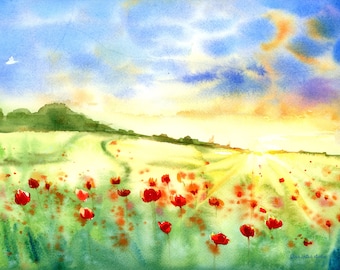 Watercolor Poppy Field Print: Floral Landscape Wall Art