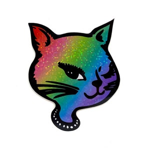 Retro Glitter Rainbow Winking Cat Stickers - 90s Winking Cat Sticker - Vintage Cat Sticker - Iridescent Cat Sticker
