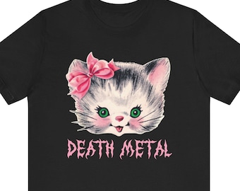 Camiseta de Death Metal con gatito adorable - Camiseta vintage kitsch de banda de heavy metal retro con gato